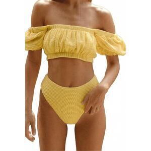 Montce Yellow Off-Shoulder Textured Bikini Set
